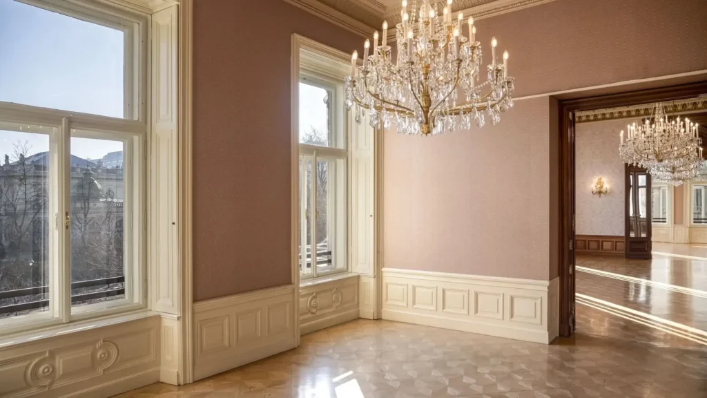 A spacious, sunlit room with large windows, light pink walls, parquet flooring, and a crystal chandelier, opening into another similarly decorated room.
